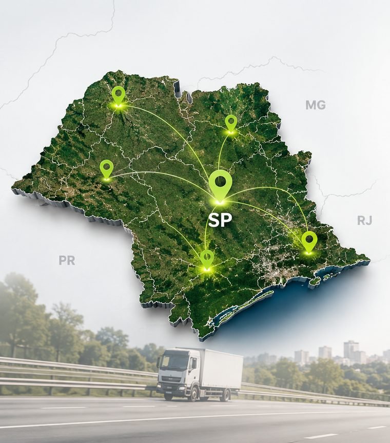 Mapa do Estado de São Paulo representando a área de atendimento da RDA Distribuidora Automotiva.